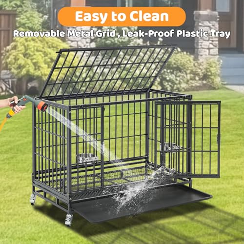 Homey Pet 37 Inch Heavy Duty Dog Crate for Medium Dogs | Stackable Dog Cage Kennel with Four Lockable Wheels, Removable Tray & Grid, Open Top, Escape Proof Dog Kennel Indoor - size: 37.0"L x 22.5"W x 29.2"H