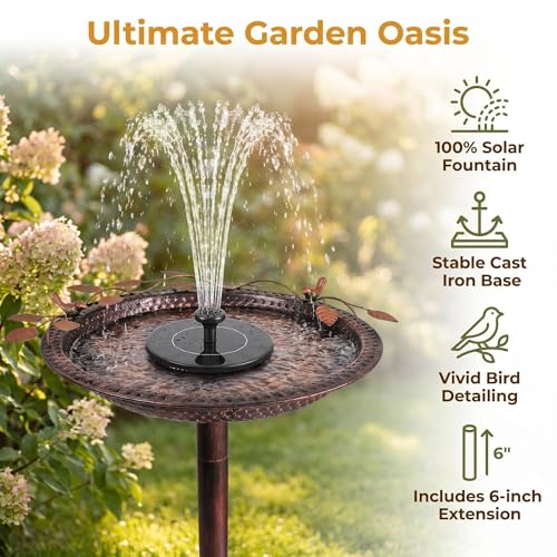 Metal Bird Bath with Solar Fountain Pump & LED Lights, 34" Tall Iron Birdbath for Outdoors, Heavy Duty Cast Iron Pedestal Bird Bath for Garden Yard Patio Lawn Deck, Bronze Finish