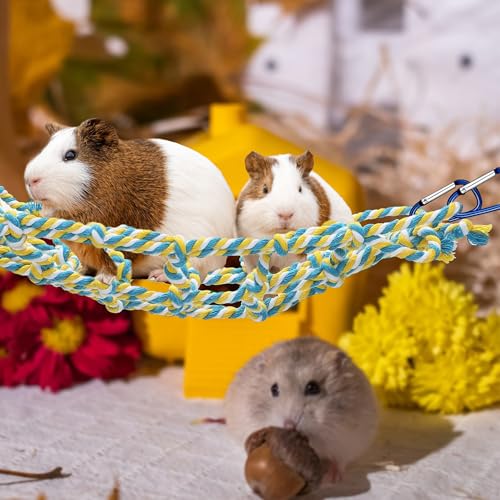 2 Pcs Rat Climbing Ropes for Cage Rat Cage Accessories Bird Rope Rat Toys for Pet 12.6 x 9.84 inch Hammock Hamster Cotton Rope Bridge Bird Ladder with 4 Silver Hooks（Yellow） - color: Yellow
