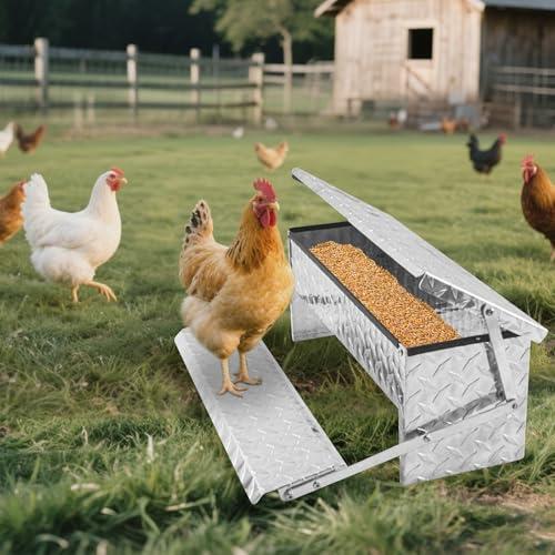 Treadle Chicken Feeder Automatic Large Poultry Feeders Capacity Treadle Self Opening Pou with Weatherproof Lid Rain Cover for Roosters Pheasant Chicken Outdoor Coop Silver Full Aluminum(18lbs/5000g) - size: 18LB Capacity