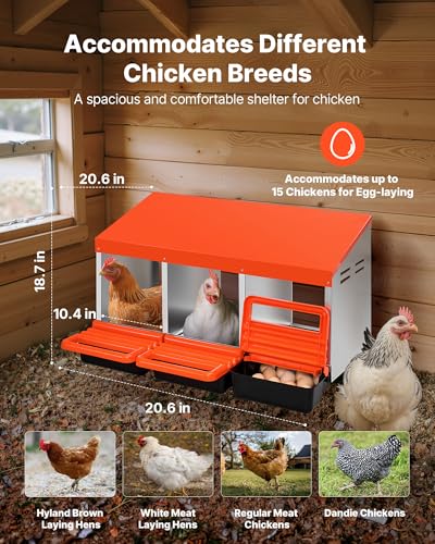 VEVOR Chicken Nesting Boxes, 3 Compartments, Metal Egg Laying Boxes with Protective Collection Lids, Roll Out Nesting Box, Easy to Assemble, Ideal for Hens, Ducks, Chickens, and Other Poultry, Orange - size: 31.3"L x 20.6"W x 18.7"H