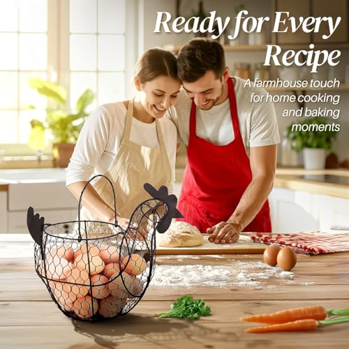 Flexzion Egg Basket for Gathering Fresh Eggs, Black Wire Chicken Egg Collecting Basket Countertop, 24-Egg Metal Holder with Handle, Chicken Shaped Basket for Farmhouse Kitchen Decor - size: Large Chicken Basket