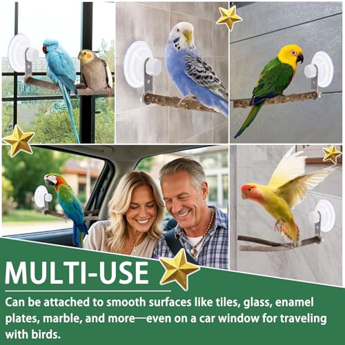 2 Pcs Natural Bird Perch Stand with Suction Cup Window Birds Perch for Window Mirror Car Shower Ceramic Tiles Bath Wood Training Perch, for Bird, Cockatoo, Macaw, Parakeet