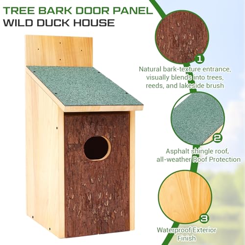 Yaocom 22.8 x 14.6 x 11.0 Inch Wooden Duck Nesting Box with Bark Door Asphalt Roof Waterproof Camouflage Duck House for Outside Tree Wall & Pole Installation