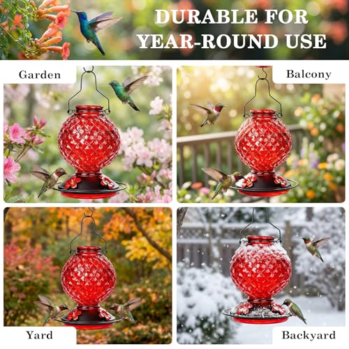 2 Pack 25 OZ Glass Hummingbird Feeder for Outdoors, Leak Proof Hummingbird Feeder with Ant Moat, 4 Bee Resistant Feeding Ports, Easy Clean Wide Mouth Design, Hanging Nectar Feeder, Red - color: Red - 2