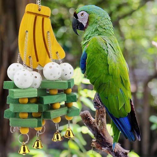 Hypeety Large Parrot Hanging Swing Toy Bells Chew Toy Colorful Hanging Wood Block Parrot Macaw African Greys Cockatiels Budgies Conure Banana Shape Natural Birds Cage Hanging Toy - color: Banana