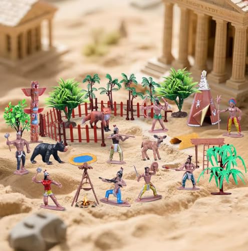 31Pcs Native American Figures Set, School Project Diorama for Kids | Realistic Indian Village Educational History Toys with Tepees, Totems and Fences, Ideal Teaching, Pretend Play and Kids Gifts - style: Native