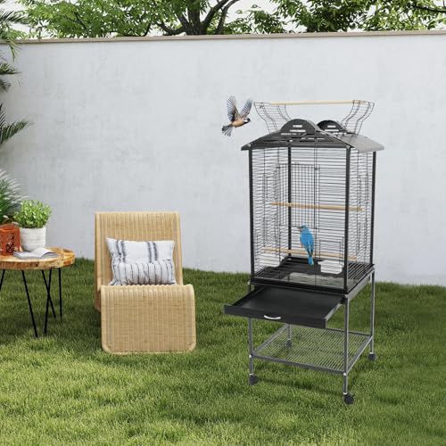 Bird Flight Cage with Rolling Stand 51" H Large Bird Cage W/Tray & Waterproof Roof, Wheels-Freestanding Bird Cage for Cockatiel, Budgerigar, Lovebird, Sun Conure, Cockatoo-Black