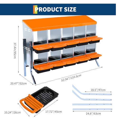 2-Tier Chicken Nesting Box, 10 Compartment Metal Nesting Box for Chickens with Waterproof Roof, Non-Slip Stable Base, Heavy Duty Chicken Laying Boxes for Hens, Poultry - color: Orange, size: 32.1"L x 16.9"W x 26.6"H