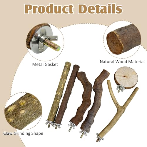 6 PCS Bird Perch Set Natural Wood Parrot Stand Branch Hanging Parakeet Chewing Stick Paw Grinding Fork Platform Bird Cage Accessories for Cockatiel Budgies Conure (Large) - size: Wooden:11.8 Inch