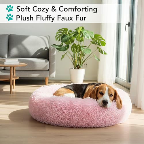 PetAmi Calming Donut Dog Bed, Washable Faux Fur, 30 Inch Medium, Pink | Warm Shaggy Faux Fur and A Deep Nest Help Anxious Pets Curl Up and Sleep Soundly. Perfect for Puppies, Cats, and Rescues. - color: Pink, size: Medium - 30"