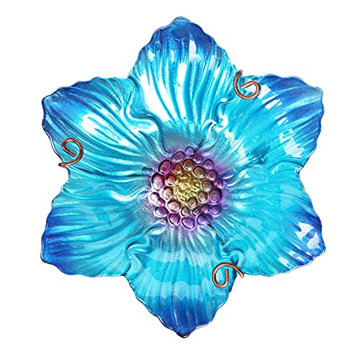 26" Glass Bird Bath, Outdoor Birdbath Bird Feeder Blue Flower Metal Stake | Bird Bath for Outside with Stable Metal Stake, Attracts Birds for Bathing and Adds Elegant Outdoor Garden Decor - color: Blue