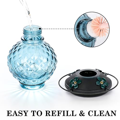 25 OZ Glass Hummingbird Feeder for Outdoors, Leak Proof Hummingbird Feeder with Ant Moat, 4 Bee Resistant Feeding Ports, Easy Clean Wide Mouth Design, Hanging Nectar Feeder, Blue - color: Blue - 25oz