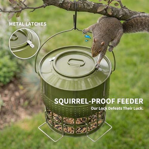 Solution4Patio 8-10LB Bird Feeder, Metal Wild Birdfeeder with 32 Access Holes & 2 Perches, Locking Top Helps Reduce Squirrel Stealing, Rust-Proof Hanging Design for Cardinals & Finches - color: Glazed Green