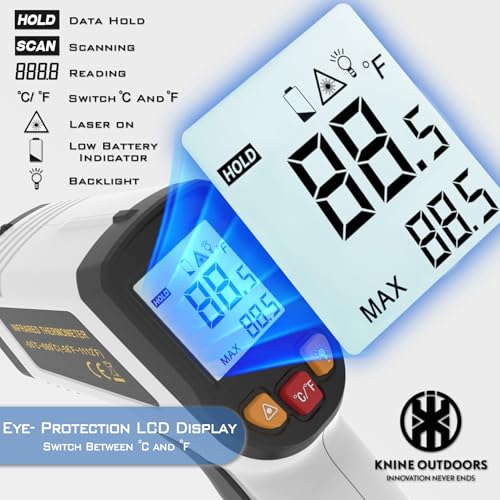 KNINE OUTDOORS Infrared Thermometer Gun, -58℉ to 1112℉ | Temp Gun, Laser Temperature Gun, for Cooking, Oven, BBQ, Griddle, Meat, HVAC Engine, Distance to Spot Ratio 12:1, White - color: White