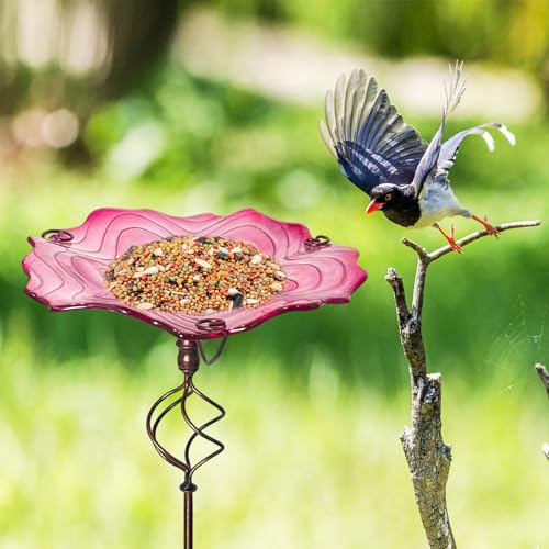 Bird Baths for Outside,12" Small Pink Glass Birdbaths Outdoor,Detachable Bird Feeder with Metal Stake for Garden Yard Patio Decor,32" Height - color: Pink with Stake