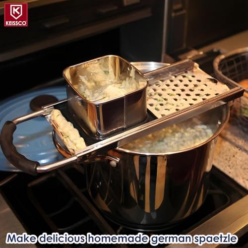 Premium Grade Stainless Steel Spaetzle Maker with Comfort Grip Handle, Stainless Steel Spider Strainer Skimmer Spoon with Cleaning Brush, Homemade German Egg Noodle Dumpling Making Tool Set