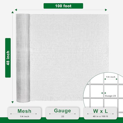 Hardware Cloth 1/4 Inch 48 x 100 Ft 23-Gauge Hot-dip Galvanized After Welding Fence Wire Mesh Roll Chicken Rabbit Snake Cage Welding Fencing - color: Silver, size: 1/4 inch 48" x 100 ft 23Ga