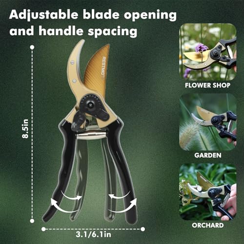 RESTMO Pruning Shears, 8.6 Inch, Titanium Blade, Bypass, Black | Professional garden shears. Premium SKS5 steel blade. Forged aluminum handles. Long-lasting sharpness. For gardening. - size: Garden Pruning Shears（Black）