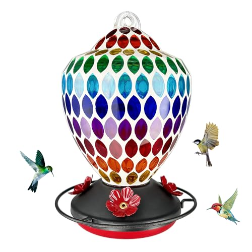 Lily's Home Mosaic Glass Hummingbird Feeder 35oz - Colorful Garden Décor - Easy Refill Wide-Mouth - Includes S Hook & Brush for Bird Lovers - Measures 5.9’’x5.9’’x8.3’’ - color: Multicolor