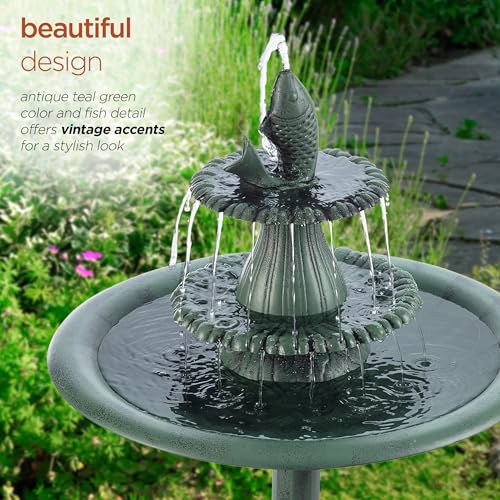 Alpine Corporation 40" Tall Outdoor 3 Tier Pedestal Water Fountain with Vintage Birdbath Accent, Garden Decor, Green