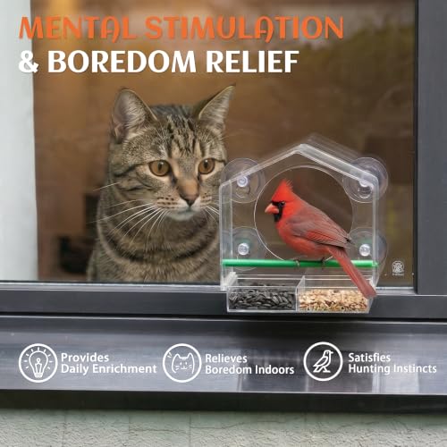 Cat Window Bird Feeder for Indoor Cats, Bird Watching TV for Cats | Clear Acrylic Outdoor Bird Feeding Station with Strong Suction Cups for Enrichment, Mental Stimulation & Boredom Relief