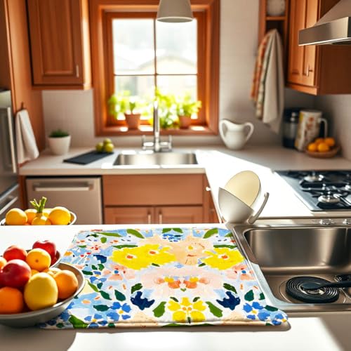 Floral Reversible Counter Dish Drying Mat, 18x24, Blue Yellow Draining Pad | Soft microfiber catches spills, non-slip backing protects counters, compact foldable mat suits dishes, glasses and cookware - color: Flower 02, size: 24" x 18"
