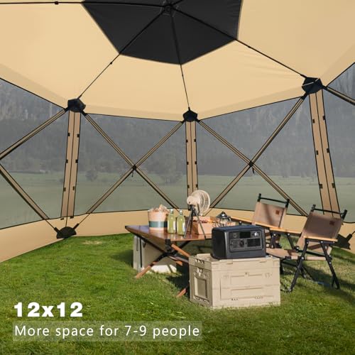 MASTERCANOPY 12x12Pop Up Gazebo Screen Room with Netting Beige&Coffee | Full-Screen Netting Walls Keep Bugs Out Quick SetUp Screen House Room for Camping, Backyard, Patio - color: Beige&Coffee, size: 12x12 ft