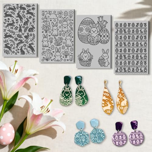 CHGCRAFT 4 Sheets Easter Bunny Clay Texture Mat Easter Egg Pattern Polymer Clay Texture Sheets DIY Tools for Pottery Earring Jewelry Making Stamp Engraving Machines, 3.9x2.6inch - style: Easter Egg