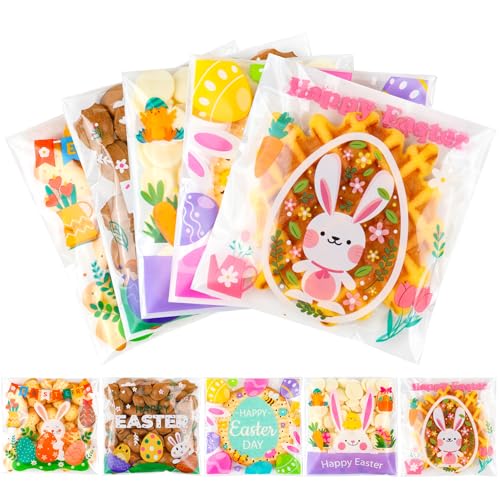 100PCS Easter Self Sealing Cookie Bags - 4x4 Inch Clear Cellophane Treat Bags with Happy Easter Bunny Designs for Candy Goodie Gifts Packaging, Ideal for Classroom Exchange, Party Favors - color: Easter - 100PCS