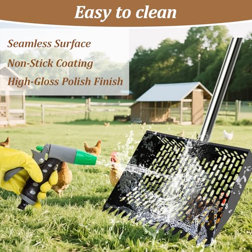 12-Inch Heavy Duty Chicken Poop Scooper & Rake 2-in-1 with 36-77" Adjustable Stainless Steel Handle Ergonomic Metal Sifting Shovel for Chicken Coop, Goat Stall,Animals House Cleaning - color: 12inch