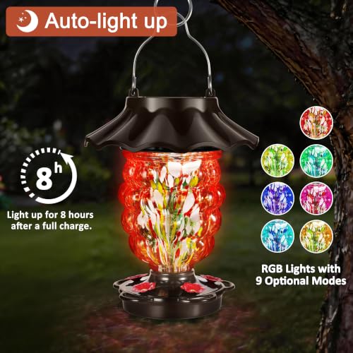 LUJII Solar Hummingbird Feeder for Outdoor Hanging, RGB Illuminated Hand-Blown Glass Lantern, 35 fl.oz, Leak-Free & Rust-Resistant, Metal Cap with 5 Feeding Ports, Pineapple Design, Red - color: Red