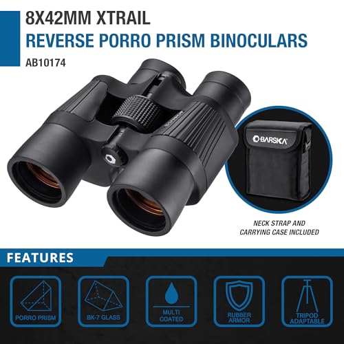 Barska 8x42mm X-Trail Binoculars – Compact High Power, Ruby Multi-Coated Optics, 42mm Lens, Rubber Grip, Center Focus, for Bird Watching & Hunting