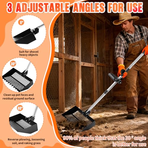 Chicken Poop Scooper, Adjustable Angle Chicken Coop Cleaning, 3-in-1 Sand Rake with Sifting Panels for Hen/Pet House Bedding Management, 304 Stainless Steel Chicken Coop Accessories