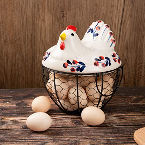 Chicken Design Ceramic Egg Storage Basket Iron Basket Holds 20-25 Eggs, Egg Holder, Organizer Case, Container Egg Basket Holder - color: cherry with black basket