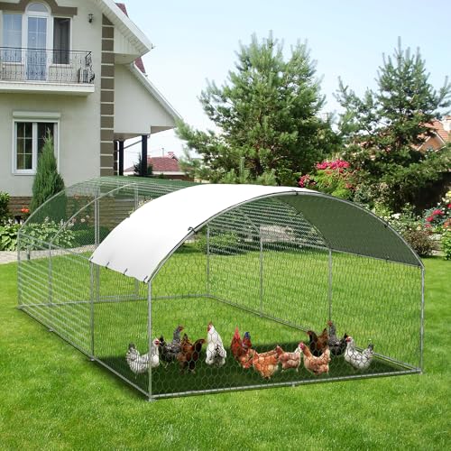 Large Metal Chicken Coop, Metal Chicken Run with Waterproof and Anti-Ultraviolet Cover for Outside, 9.8 x 19.7 x 6.5 Ft Walk-in Poultry Cage, Outdoor Chicken Pen for Backyard and Farm - size: 9.8 x 19.7 x 6.6 ft