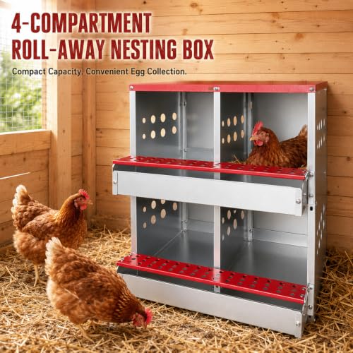 4-Compartment Roll Away Chicken Nesting Box for Hens, 21 Inch | Metal build, Egg collection tray, Perch, Protective lid, Wall mount, Freestanding setup, Ducks, Backyard coop, Barn supply - size: 16.3"L x 16.9"W x 24.4"H