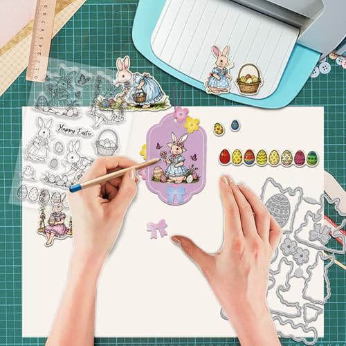 GLOBLELAND Easter Rabbit Clear Stamps and Metal Die Cuts Easter Egg Transparent Stamp Spring Flower Swing Cutting Dies for Card Making Embossing Scrapbooking - style: Easter Rabbits