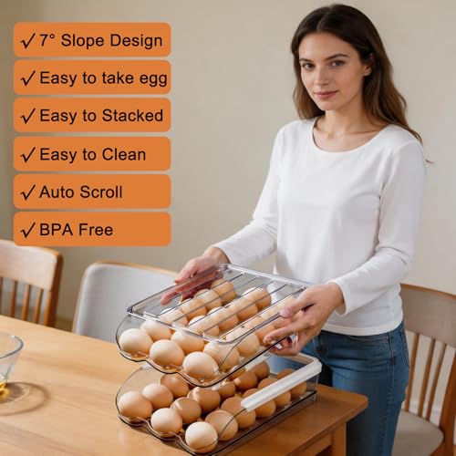 Egg Holder for Fridge, Automatic Rolling Egg Dispenser for Refrigerator with Lid, Stackable 2-Tier Egg Storage Container, Clear Food-Grade Egg Organizer for Fridge Kitchen