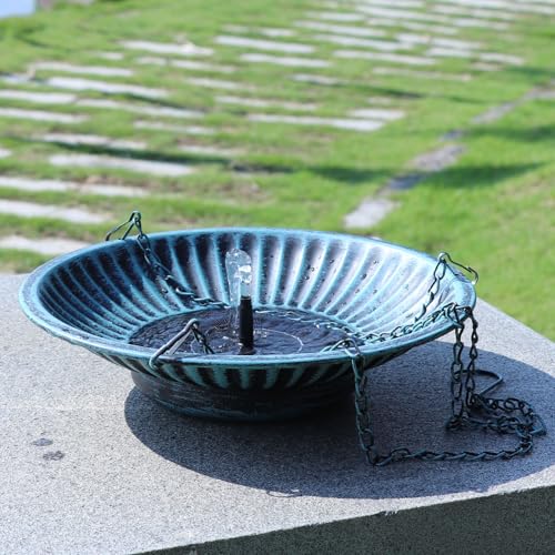 12" Hanging Solar Bird Bath, Metal Solar Bird Bath Fountain (Blue) | Hanging Bird Bath with Solar Fountain, Bird Bath Bubbler or Outdoors Garden, Patio & Yard. - color: B-blue and Black
