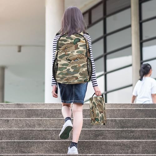 Duck Camo Camouflage Backpack with Lunch Bag for Boys Girls, Travel School Backpack Set - color: Brown and Green