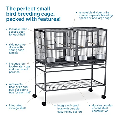 Prevue Pet Products Hampton Deluxe Divided Breeder Bird Cage System with Stand, Stackable Bird Crates for Breeding, Multi-Bird 1 or 2 Cage System, Black Hammertone Finish | Stackable Breeding Cage with Divider, Rolling Enclosure with Wooden Perches, for F