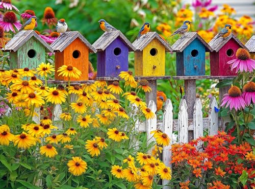 Cross & Glory | 1000 Piece Jigsaw Puzzles for Adults | A Fence Full of Song | Colorful Birdhouses, Garden Flowers & Butterflies | Bright Nature Puzzle | 2mm Thick Pieces | Satin Finish | Ages 14+ - color: A Fence Full of Song