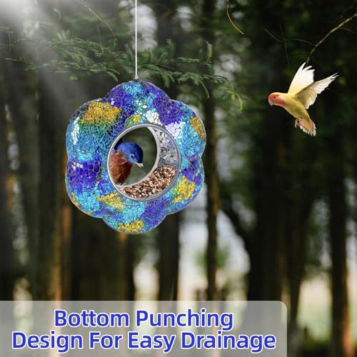 VOREEN Mosaic Glass Bird Feeder, Handcrafted Hanging Fly-Through Feeder for Outdoor Garden & Backyard, Blue Flower Mosaic Style - color: Blue Flower