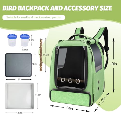 Bird Backpack Carrier,Bird Travel cage Backpack with Tray and Standing Perch,Feeding Tank,Waterproof pad,Used for Parakeets,hornbirds,Lovebirds,Small and Medium-Sized Bird - color: Green