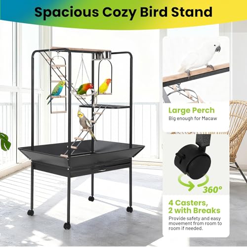 64 Inch Birdcage Stand with Wheels, Indoor Outdoor Parrot Playstand with Bowls,Perches and Ladders, Lockable Caster, for Macaw, African Grey, Cockatoo, Parakeet
