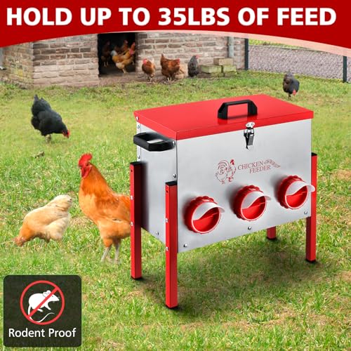 Chicken Feeder, 6 Feeding Ports, 35lbs Capacity Metal Feed Box with Handle and Feeding Lid, Automatic Chicken Feeders No Waste