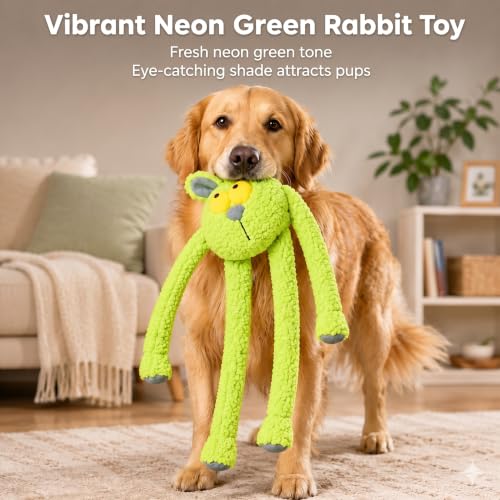 Squeaky Dog Plush Chew Toy, Interactive Tug Squeaky Toy for Chewers, Medium & Large Dogs, 31.5 Inch Stuffed Swinging Rabbit Toy with Stretchable Limbs for Gum Care & Boredom Relief, Neon-Green - color: Neon Green (Swinging Rabbit)