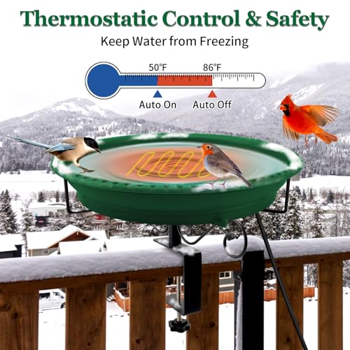Lovppy Heated Bird Bath for Deck Railing, 100W Thermostatically Controlled Heated Bird Baths for Outdoors Bird Bath Heater, Heated Birdbath for Outside Winter Garden Patio Yard(Green) - color: Green