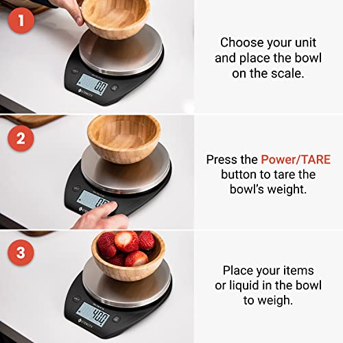Etekcity 0.1g Food Scale, Bowl, Digital Grams and Ounces for Weight Loss, Dieting, Baking, Cooking, and Meal Prep, 11lb/5kg, Stainless Steel Black | 11lb/5kg capacity with tare, removable bowl, ideal for baking, coffee, meal prep and portion control, Stai